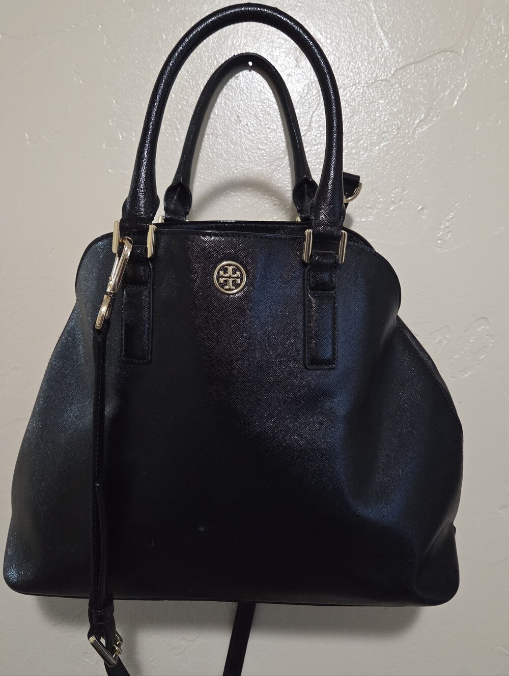 Tory Burch Black Saffiano Satchel with Gold Logo Hardware
